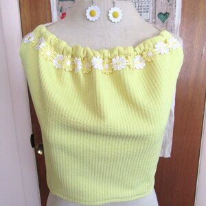 Daisy Trim Halter Top Vintage Handmade Boho Hippie Yellow Fabric & Earrings MED